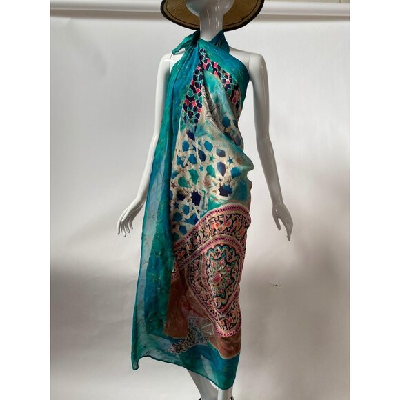 King Tut Exhibit  Silk Blend Scarf With Intricate Jewel-Inspired Motif & Turquoi - Picture 1 of 16